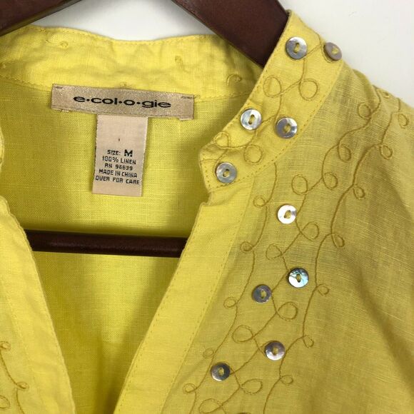 E-col-o-gie Yellow Embroidered Linen Button Front Long Sleeve Shirt Women Medium - Picture 3 of 7